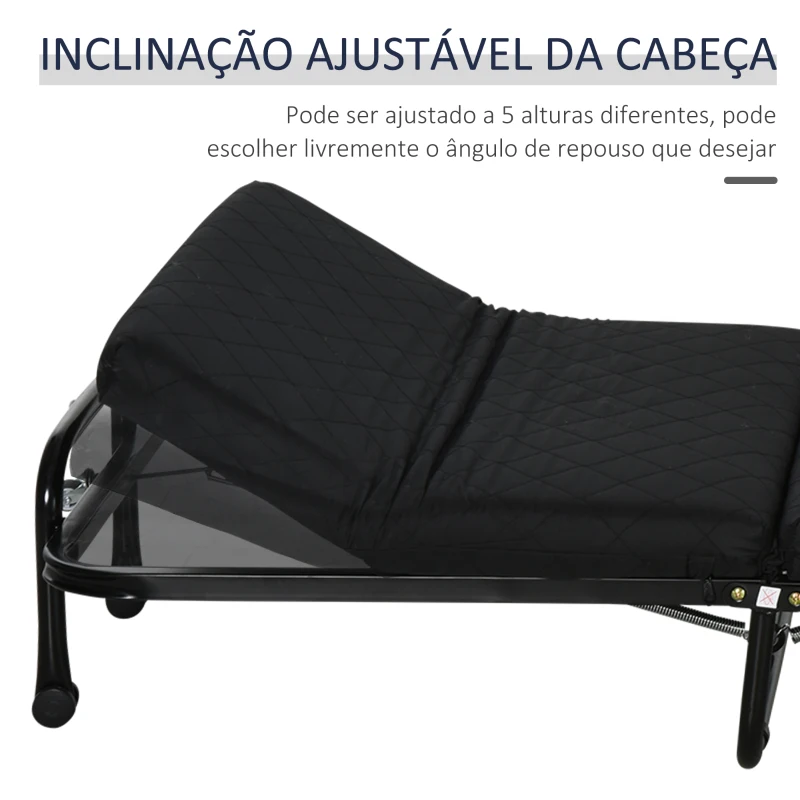 HOMCOM Cama Dobrável 184x65 cm Cama Dobrável Ajustável em 5 Níveis Rodas Universáis e Estrutura de Metal Carga 120 kg Preto