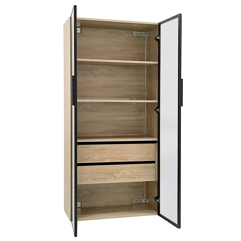 Ensemble de 2 armoires de salle de bain avec éclairage LED, 2 grands tiroirs et 2 portes, verre dépoli, 74×36×155 cm, Naturel