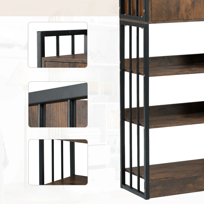 Industrielles Bücherregal mit 6 Regalböden, Türen und Schubladen, Stahlrahmen, 100×30×173,5 cm, Schwarzbraun
