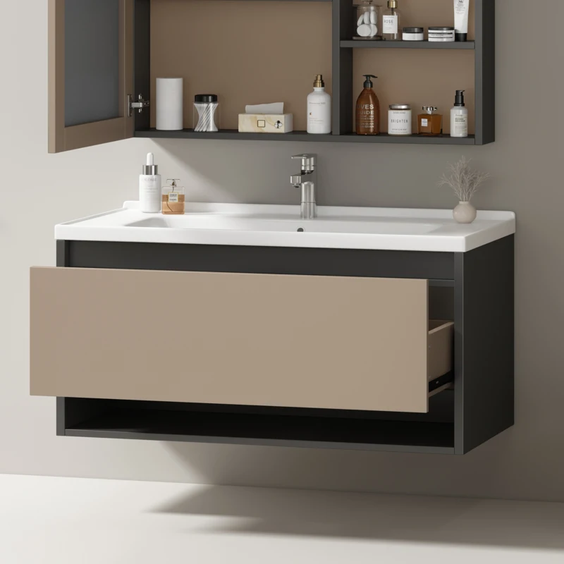 Meuble sous-lavabo suspendu 90 cm de longeur, avec lavabo en céramique et tiroirs, design moderne, grand espace de rangement,Gris