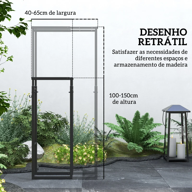 Outsunny Suporte para Lenha Extensível com 4 Ganchos Carga Máxima 100 kg para Interior e Exterior 40-65x25x100-150 cm Preto