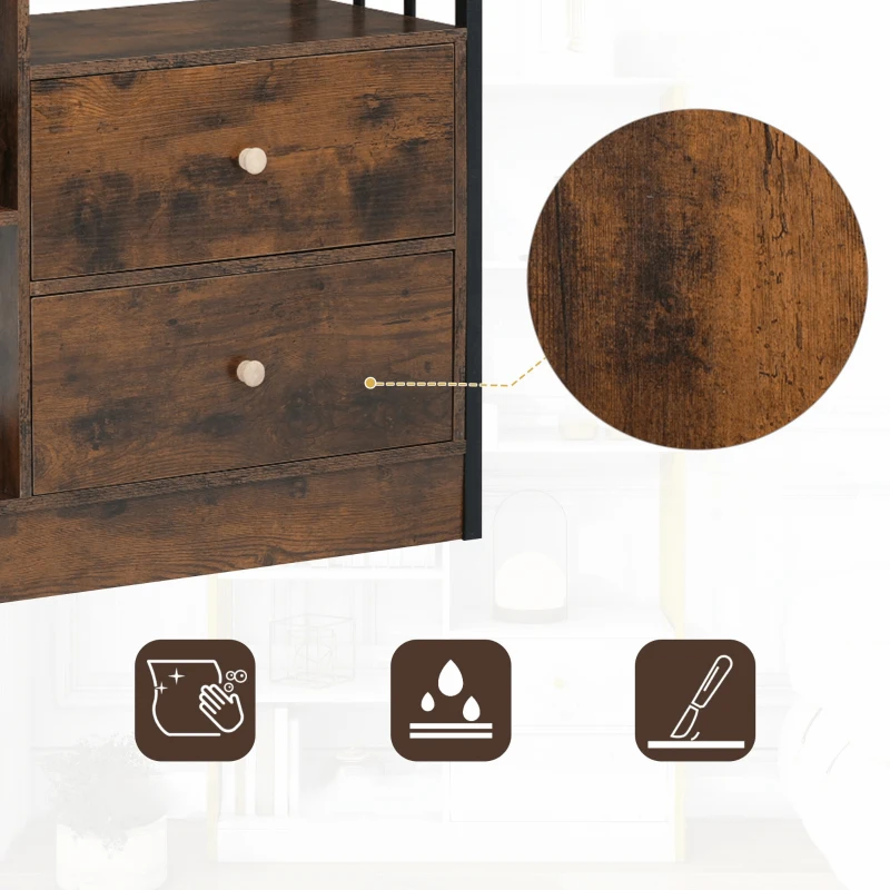 Industrielles Bücherregal mit 6 Regalböden, Türen und Schubladen, Stahlrahmen, 100×30×173,5 cm, Schwarzbraun