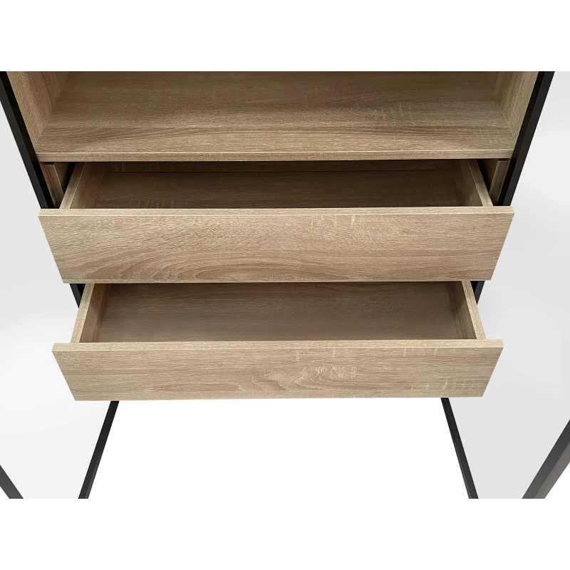 Badezimmerschrank mit LED-Beleuchtung, offenem Regal und Schubladen in Naturfarbe