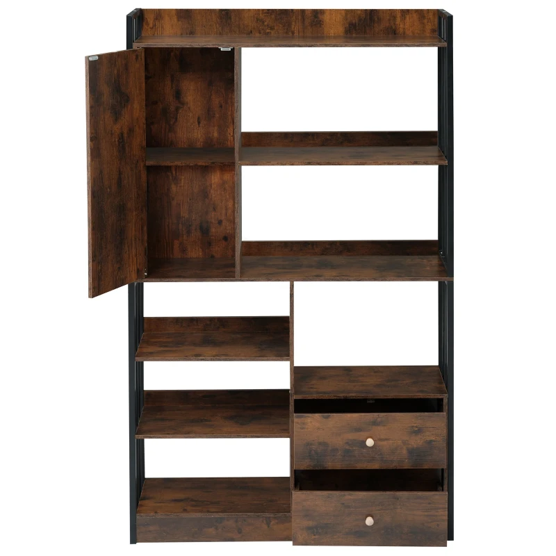 Industrielles Bücherregal mit 6 Regalböden, Türen und Schubladen, Stahlrahmen, 100×30×173,5 cm, Schwarzbraun