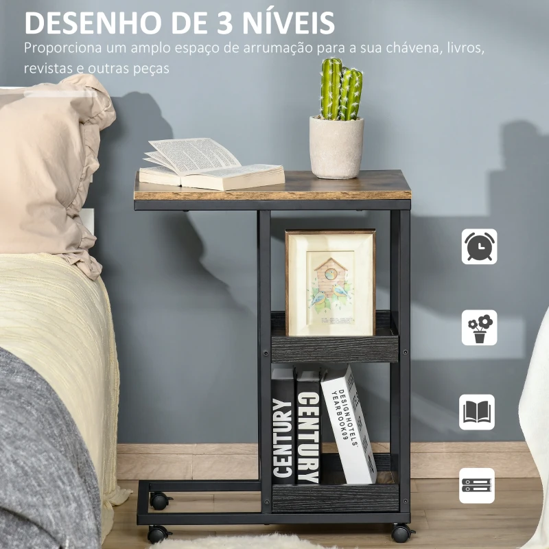 HOMCOM Mesa Auxiliar Industrial em Forma de C com Rodas Prateleiras Abertas e Estrutura de Aço 51x33x66 cm Marrom Escuro e Preto