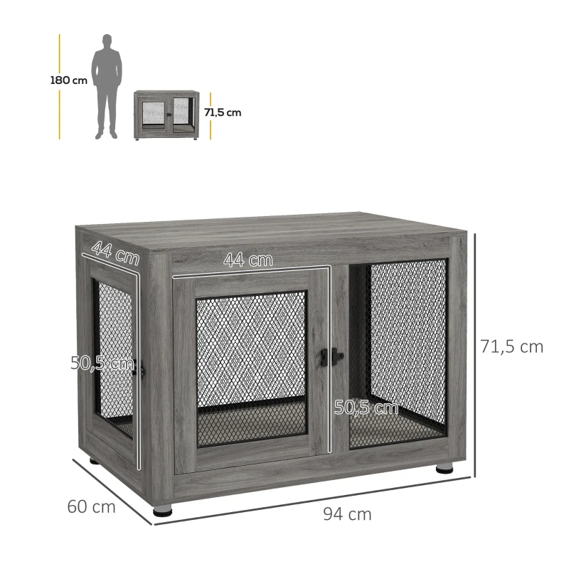 PawHut Gaiola para Cães de Madeira Mesa de Centro l com 2 Portas com Fechadura Almofada de Tecido Oxford 94x60x71,5 cm Cinza