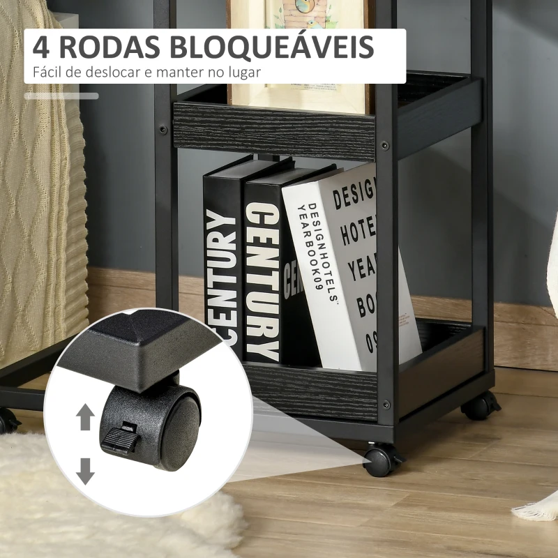 HOMCOM Mesa Auxiliar Industrial em Forma de C com Rodas Prateleiras Abertas e Estrutura de Aço 51x33x66 cm Marrom Escuro e Preto