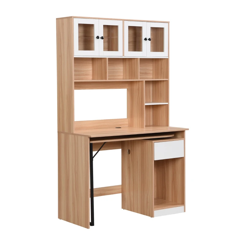 Bureau d'ordinateur avec étagère et armoire, table de travail avec portes en acrylique, design pivotant et trou pour câbles, 110×55×180,7 cm, Naturel+Blanc
