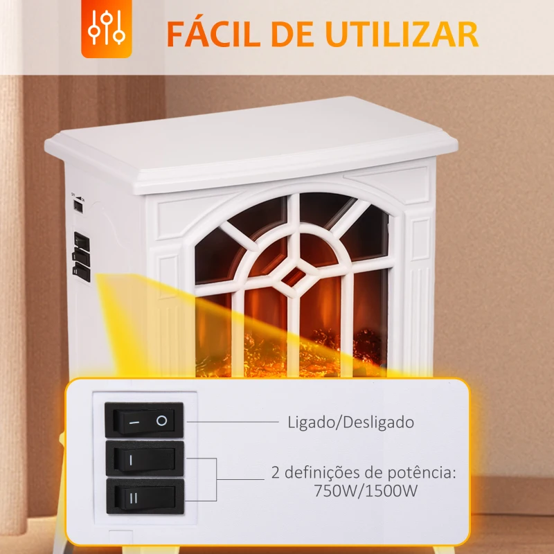HOMCOM Lareira Elétrica Portátil 1000/2000W com Simulação de Chama Termostato e Proteção de Superaquecimento 36,5x24x46 cm Branco