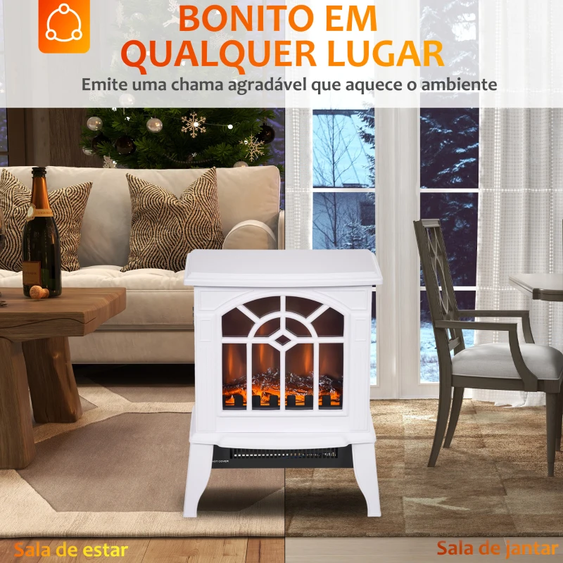 HOMCOM Lareira Elétrica Portátil 1000/2000W com Simulação de Chama Termostato e Proteção de Superaquecimento 36,5x24x46 cm Branco