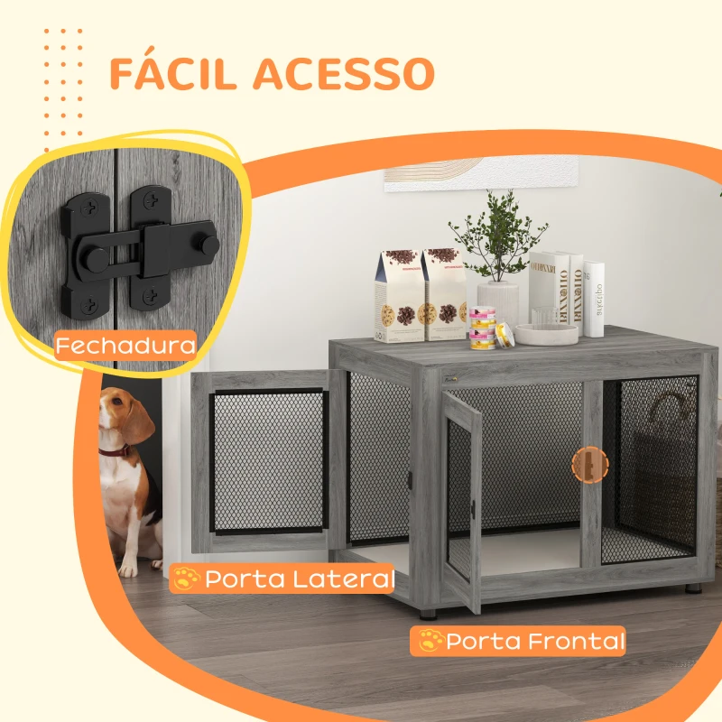 PawHut Gaiola para Cães de Madeira Mesa de Centro l com 2 Portas com Fechadura Almofada de Tecido Oxford 94x60x71,5 cm Cinza