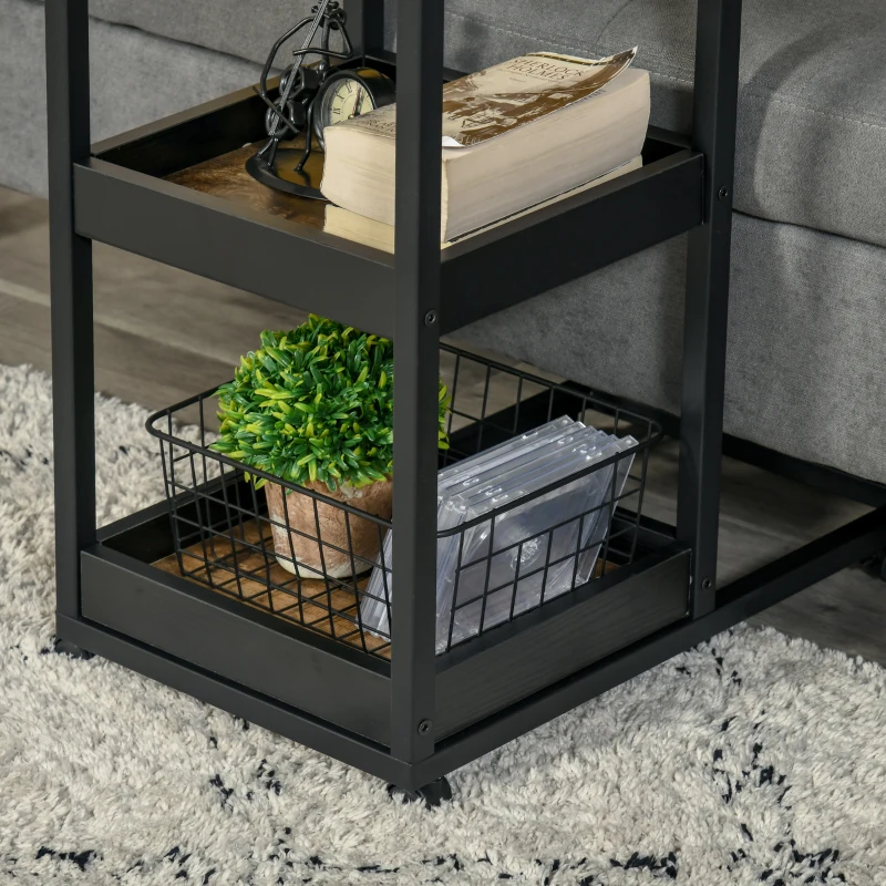 HOMCOM Mesa Auxiliar Industrial em Forma de C com Rodas Prateleiras Abertas e Estrutura de Aço 51x33x66 cm Marrom Escuro e Preto