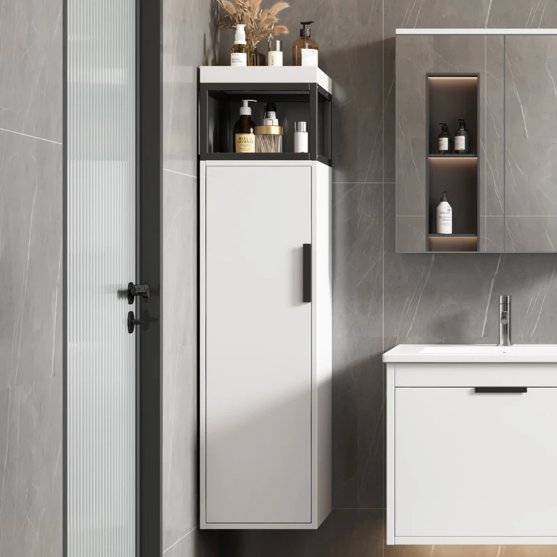 Meuble de salle de bain avec compartiments de rangement, étagères réglables, fixation murale, 30×30×120 cm,Blanc+Noir