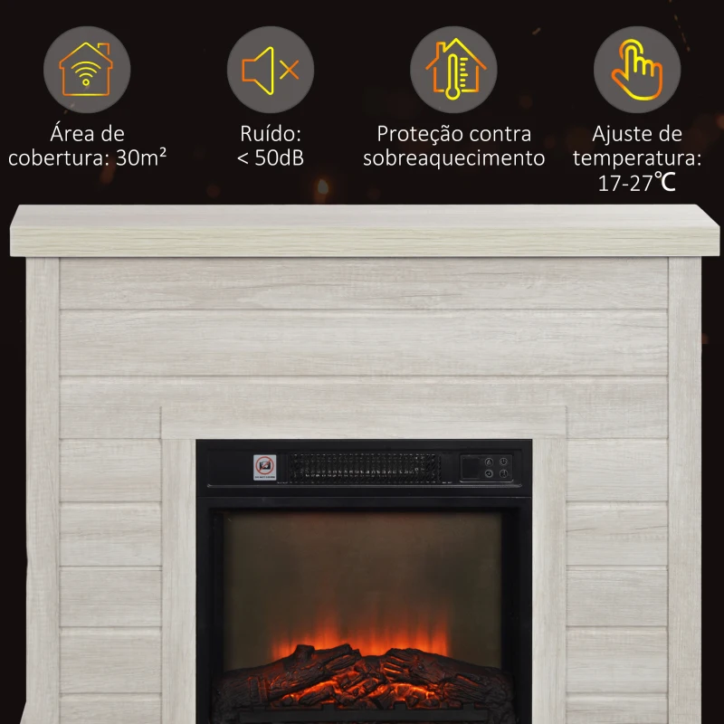 HOMCOM Lareira Elétrica 1800W Lareira Decorativa com Efeito de Chama Realista Temporizador para Ambientes de 30 m² 96,5x22x81,7 cm Madeira Clara