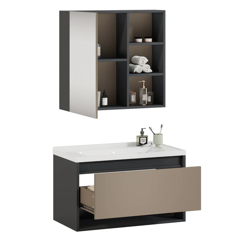 Badmöbel Set, Hängender Waschbeckenunterschrank, 90 cm lang, mit Keramik-Waschbecken, Schubladen und Spiegelschrank, Einfache Montage, Großzügiger Stauraum, Grau