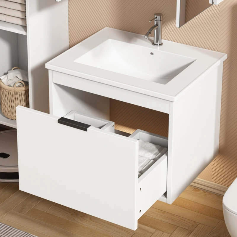 Meuble sous-lavabo suspendu 59 cm de longeur, avec lavabo en céramique et tiroirs, design moderne, 59×46,5×47 cm,Blanc