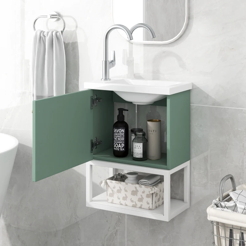 Mobile bagno con lavandino e mobiletto sottolavabo, sospeso, salvaspazio, facile da montare, 39×21×50 cm,Verde