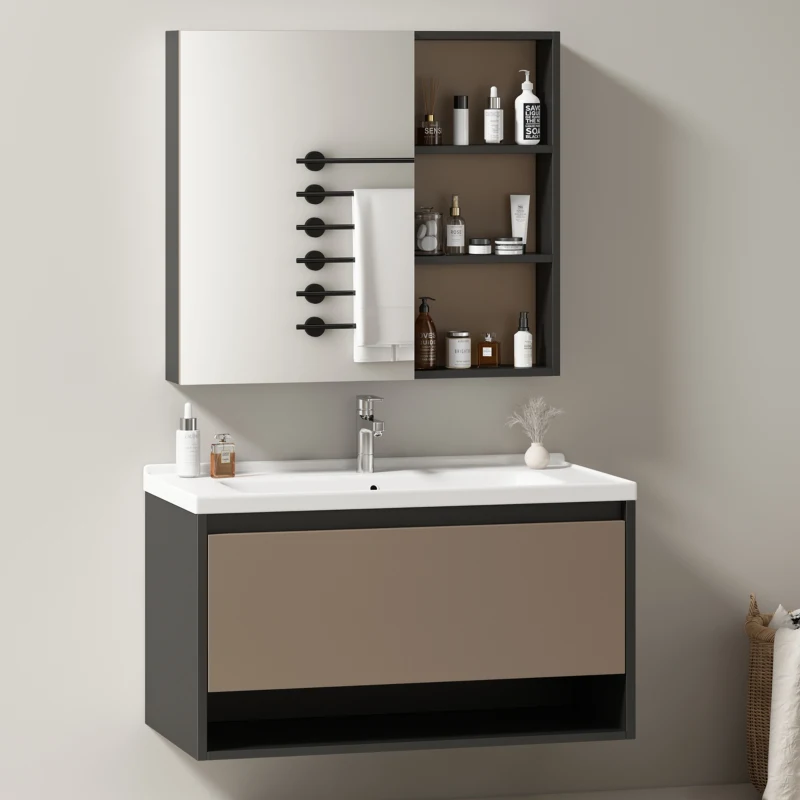 Ensemble de meubles de salle de bain, meuble sous-lavabo suspendu de 90 cm de longeur avec lavabo en céramique, tiroirs et armoire à miroir, montage facile, espace de rangement généreux,Gris
