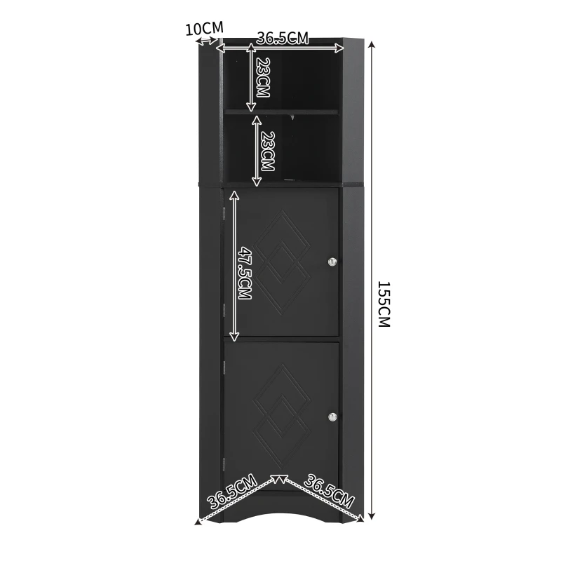 Armoire de salle de bain d'angle avec deux étagères, tablette réglable, étanche et résistante à l'humidité, 36,5×36,5×155 cm,Noir