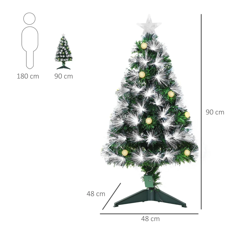 HOMCOM Árvore de Natal 90 cm Árvore de Natal com Fibra Óptica Árvore de Natal Artificial com 90 Luzes LED e 90 Ramos Verde e Branco