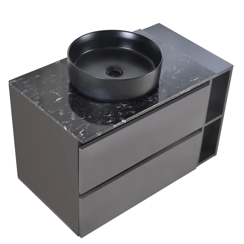 Meuble sous-lavabo suspendu 80 cm de large, avec lavabo en céramique et tiroirs, design moderne, MDF, 80×44×60,5 cm, Noir+Gris