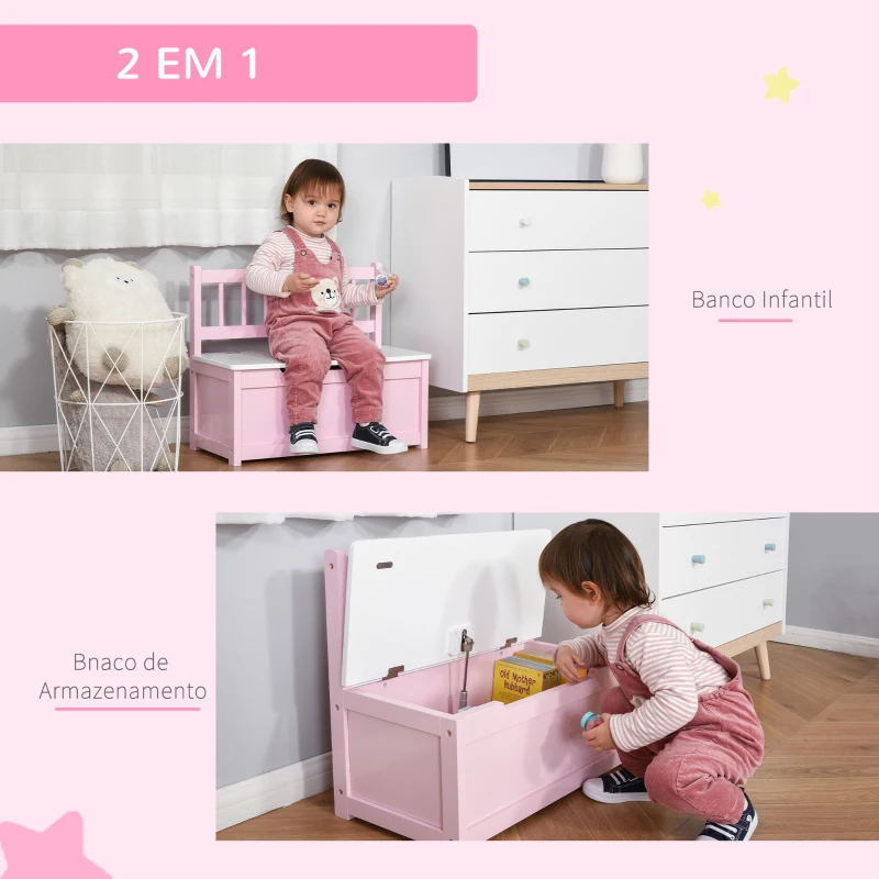 HOMCOM Baú de Brinquedos Banco de Armazenamento Infantil de Madeira de Pinho com Tampa de Amortecimento e Encosto Alto 60x30x50 cm Rosa