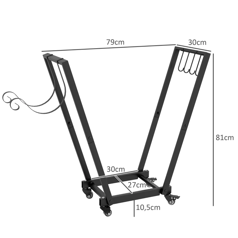Outsunny Suporte para Lenha Metálico Lenheiro de Exterior com Rodas e Gancho para Interior e Exterior Carga 50 kg 79x30x81 cm Preto