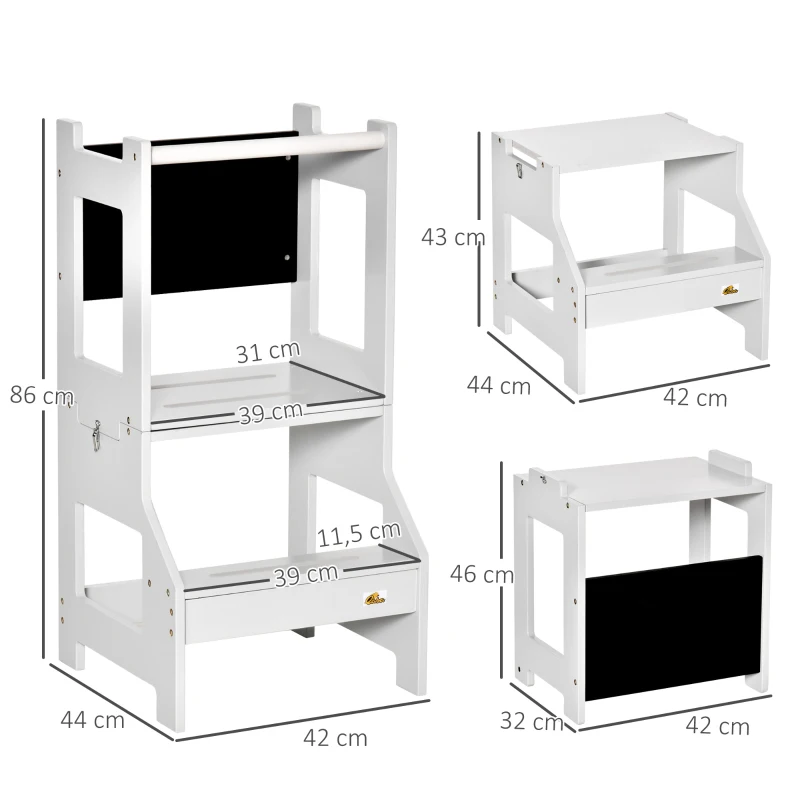 HOMCOM Torre de Aprendizagem para Crianças de Madeira Convertível em Secretária com Ardósia e Barra de Segurança 42x44x86 cm Cinza