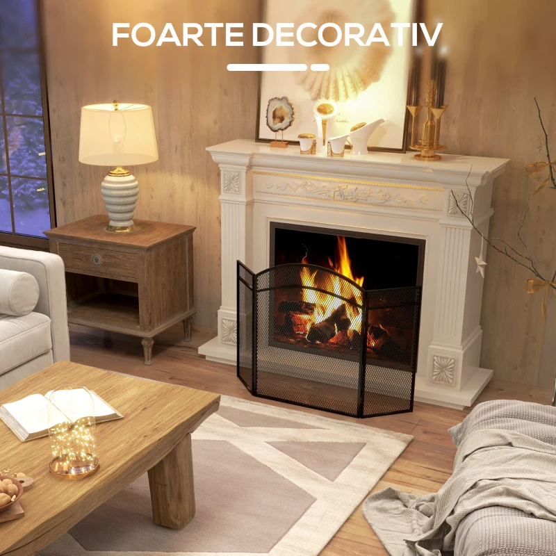 HOMCOM Paravan Anti-Scântei Pliabil cu 3 Panouri pentru Șemineu, Grilaj Metalic, 96x60 cm, Negru