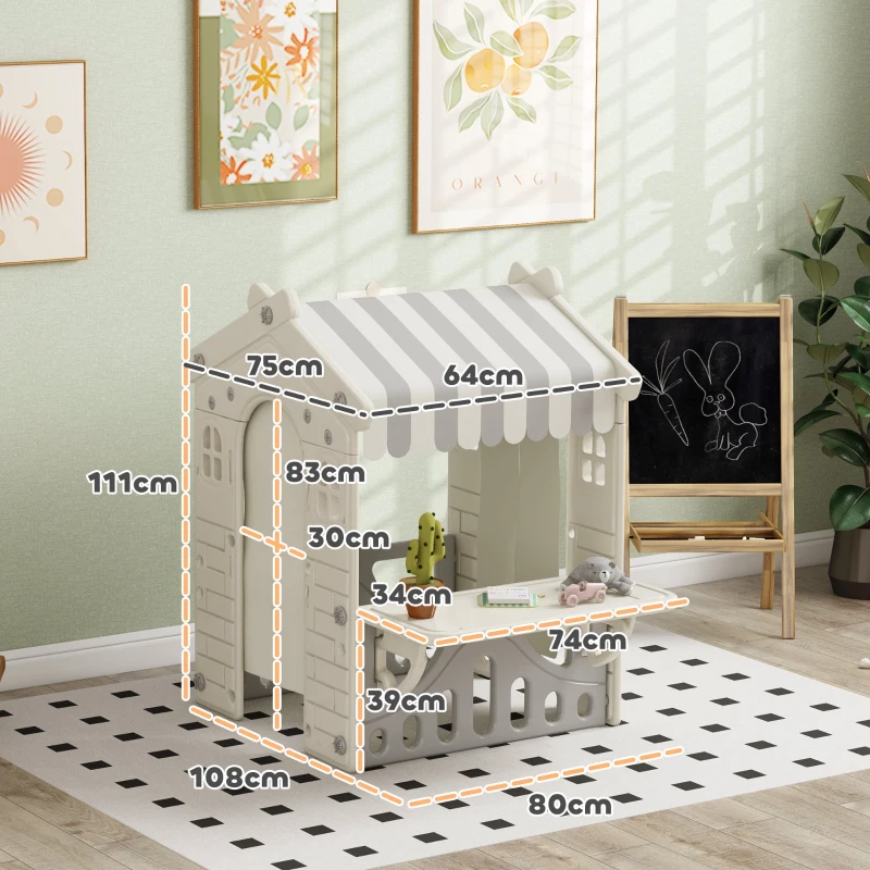 AIYAPLAY Căsuță pentru Copii de 1-6 Ani cu 4 Ferestre, Uși, Acoperiș și Tejghea de Magazine, 108x80x111 cm, Crem(m-3)