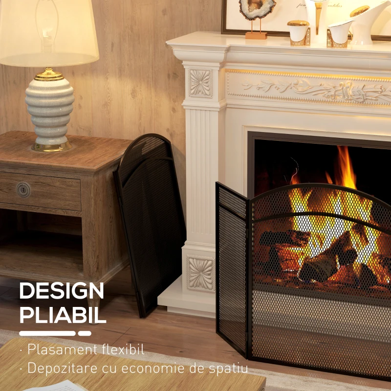 HOMCOM Paravan Anti-Scântei Pliabil cu 3 Panouri pentru Șemineu, Grilaj Metalic, 96x60 cm, Negru