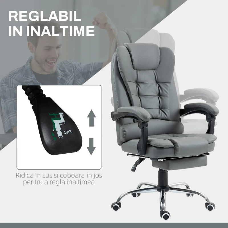 HOMCOM Fotoliu Prezidențial de Birou Rotativ cu Spătar Înalt Reglabil și Suport pentru Picioare, 64,5x69x109-117 cm, Gri