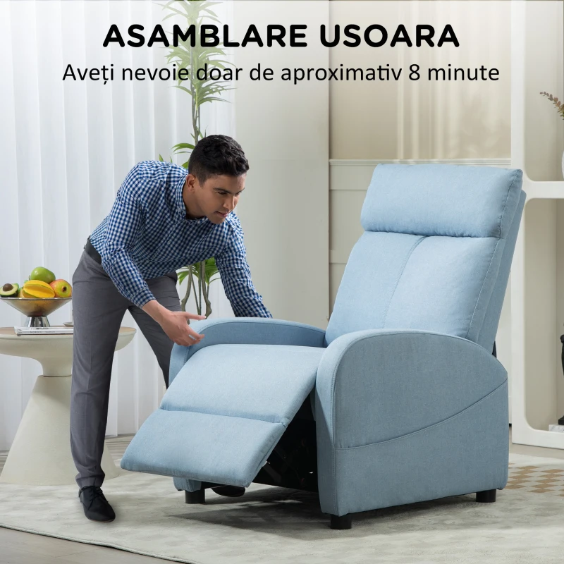 HOMCOM Fotoliu Rabatabil Manual cu Suport pentru Picioare din Material Textil cu Efect de In, 69x85x100 cm, Albastru