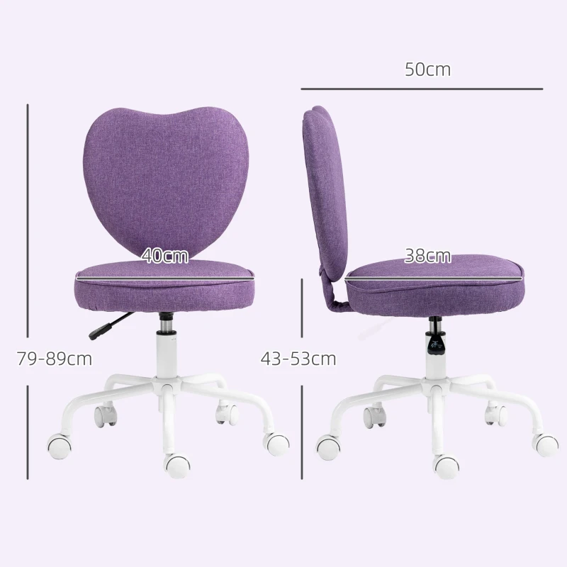 Vinsetto Scaun de Birou în Formă de Inimă cu 5 Rotile Pivotante și Înălțime Reglabilă, 40x50x79-89 cm, Violet(m-3)