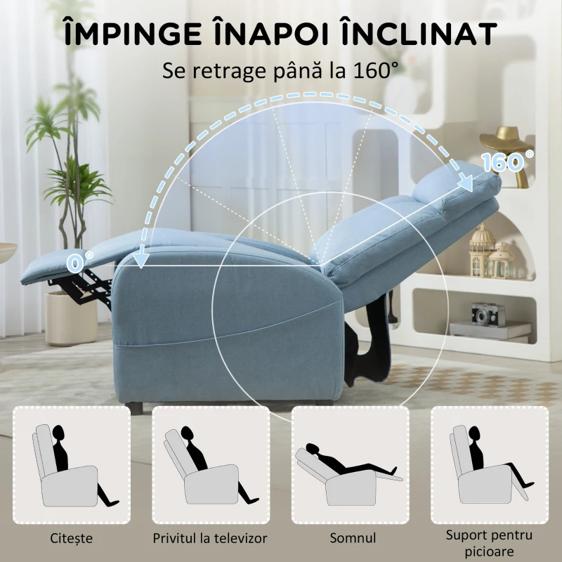 HOMCOM Fotoliu Rabatabil Manual cu Suport pentru Picioare din Material Textil cu Efect de In, 69x85x100 cm, Albastru