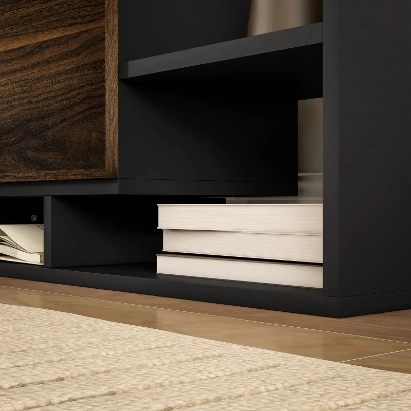 HOMCOM Mobilier TV cu Raft de Perete, Rafturi Deschise și Dulăpior din Lemn, 153,6x25x42 cm, Negru