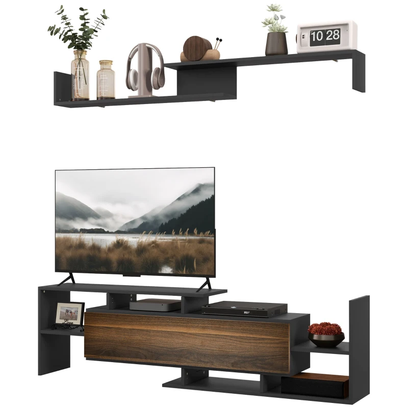 HOMCOM Mobilier TV cu Raft de Perete, Rafturi Deschise și Dulăpior din Lemn, 153,6x25x42 cm, Negru
