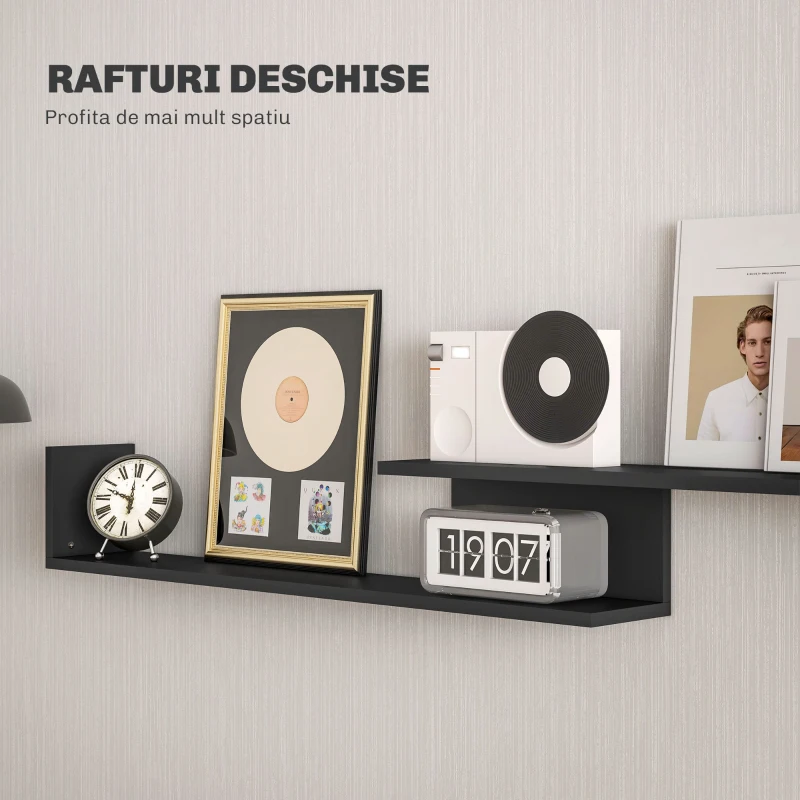 HOMCOM Mobilier TV cu Raft de Perete, Rafturi Deschise și Dulăpior din Lemn, 153,6x25x42 cm, Negru