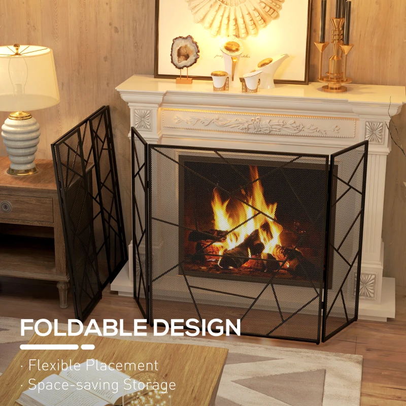 HOMCOM Paravan Pliabil Anti-Scântei pentru Șemineu cu 3 Panouri, 135x1,2x85 cm, Negru