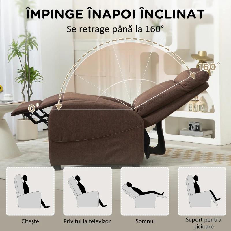 HOMCOM Fotoliu Rabatabil cu Suport pentru Picioare, Fotoliu din Material Textil cu Efect de In, 69x85x100 cm, Maro