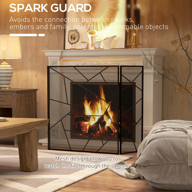 HOMCOM Paravan Pliabil Anti-Scântei pentru Șemineu cu 3 Panouri, 135x1,2x85 cm, Negru