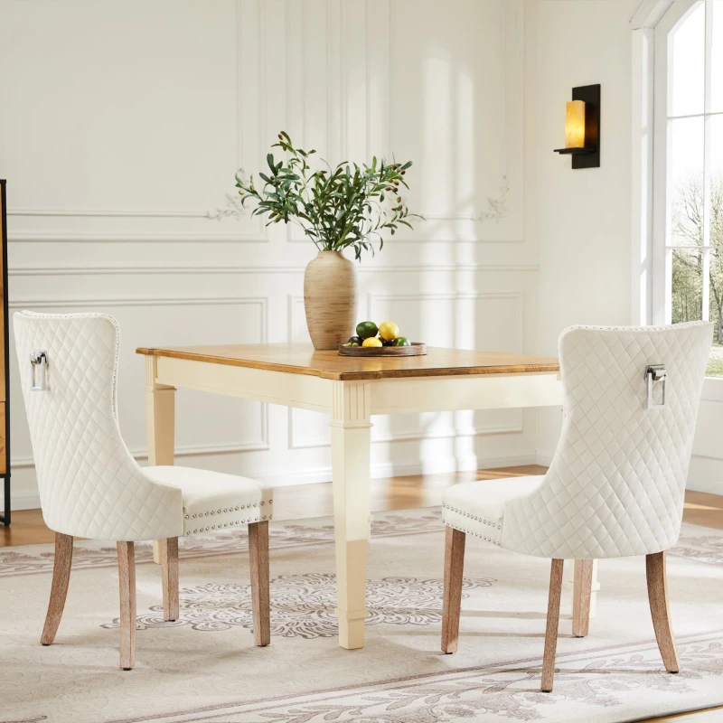 Set di 2 sedie imbottite per sala da Pranzo in Velluto, Design con Cucitura Bottoni, 50x46x91 cm, Beige