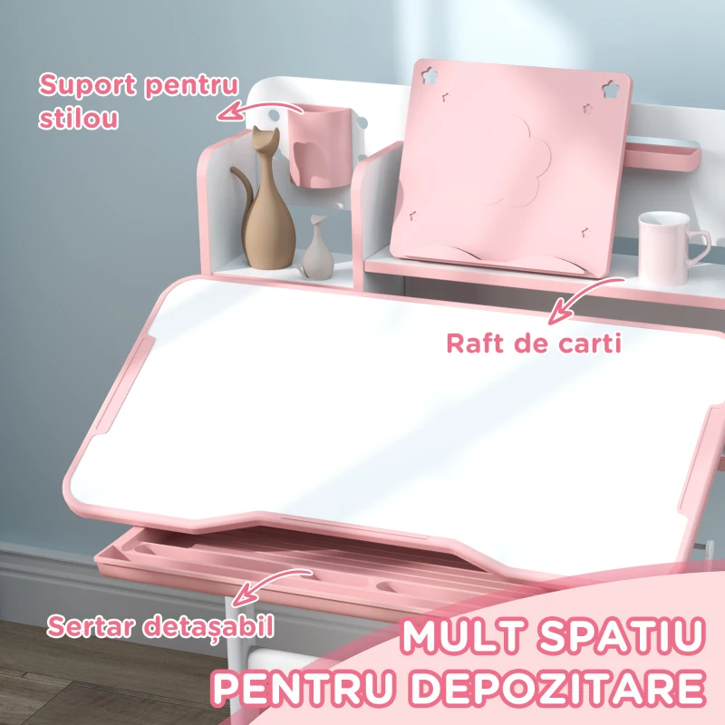 AIYAPLAY Set Birou pentru Copii 3-12 Ani Reglabil pe Înălțime și Blat Înclinabil la 45°, 80x55x107.5 cm, Culoare Roz(m-6)