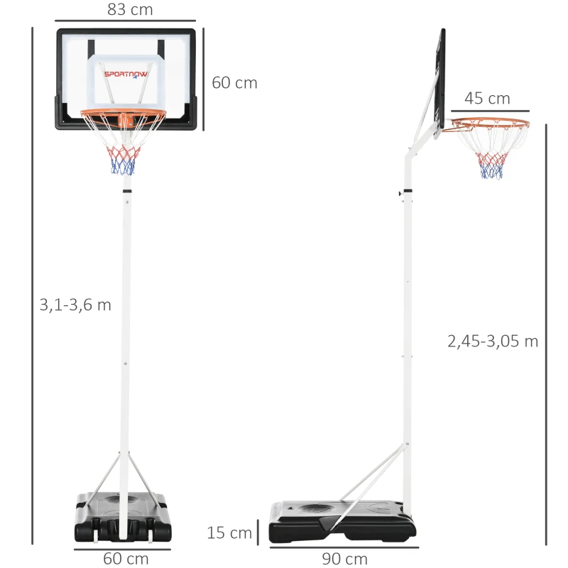 SPORTNOW Tabela de Basquetebol com Rodas Altura Ajustável 260-305cm com Tabela de PVC 90x83x310-360cm Branco