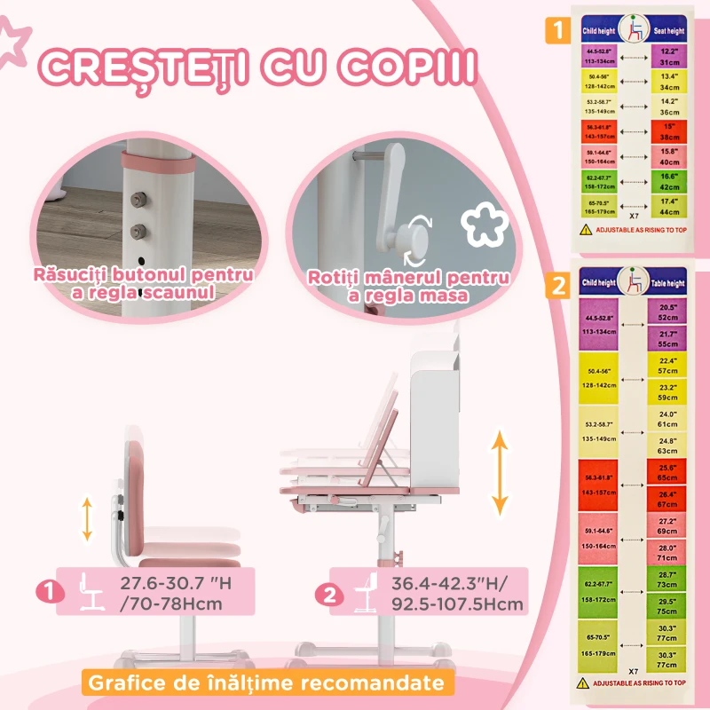 AIYAPLAY Set Birou pentru Copii 3-12 Ani Reglabil pe Înălțime și Blat Înclinabil la 45°, 80x55x107.5 cm, Culoare Roz(m-5)