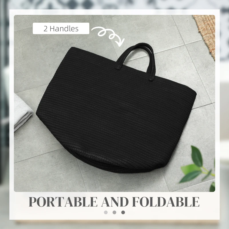 HOMCOM Coș pentru Rufe de 36L, Portabil și Pliabil cu Mânere, Coș de Rufe din Bumbac Natural, Ø38x45 cm, Negru