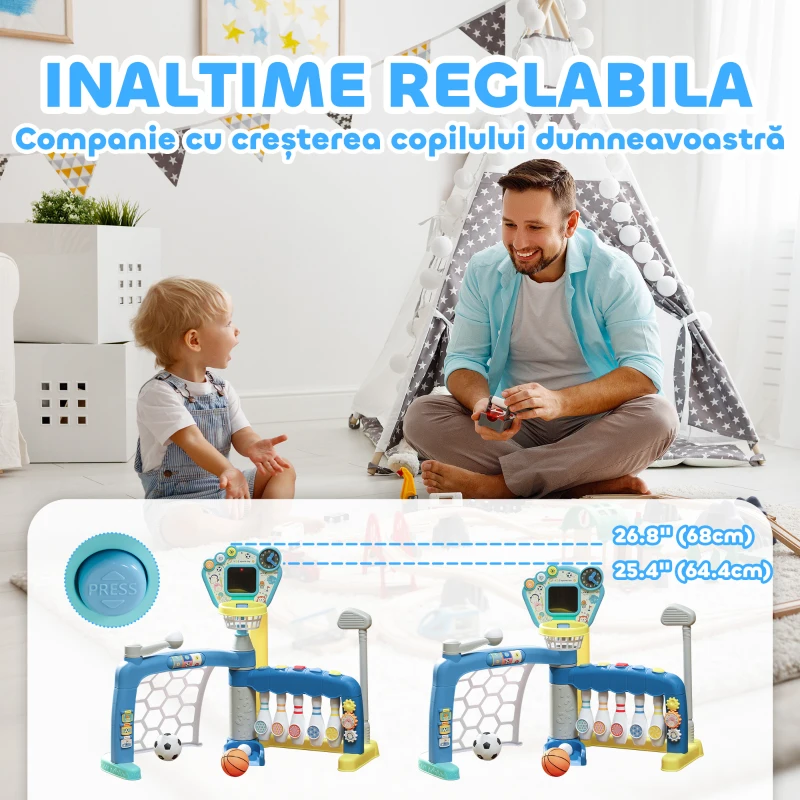 AIYAPLAY Joc pentru Copii 5 în 1 pentru Fotbal, Baschet, Golf, Baseball și Bowling, 88,6x38,7x60,4-68 cm, Multicolor