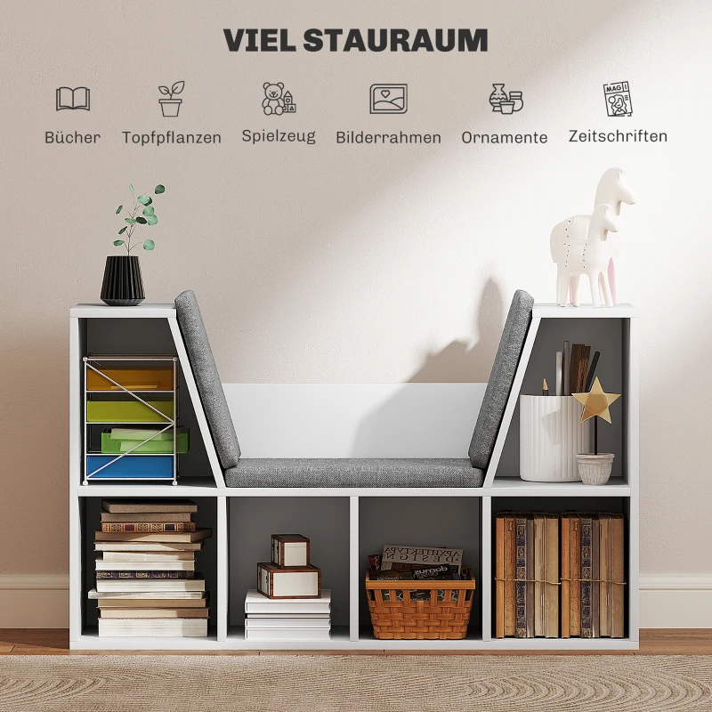 HOMCOM Boekenkast met Zitplek, 6 Vakken, Gestoffeerd, 105 x 30 x 63 cm, Wit