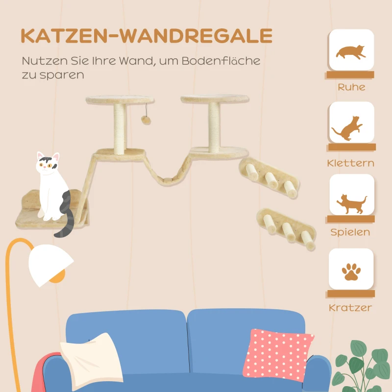 PawHut Katten Klimset voor Wand- en Plafondmontage, Geschikt voor Katten tot 5 kg, Beige