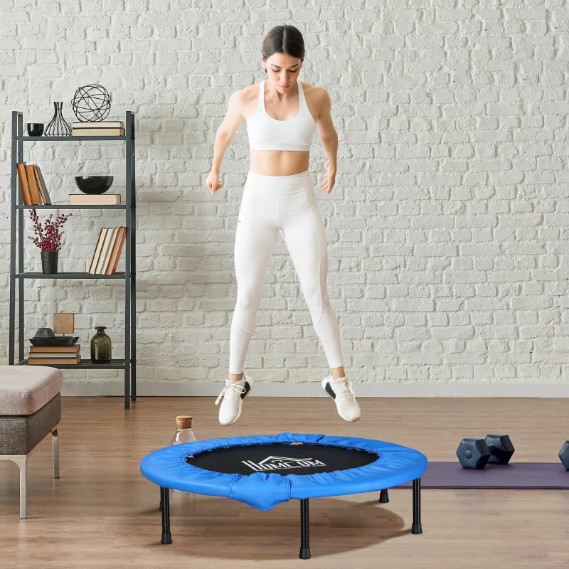 HOMCOM 38" Mini Fitness Trampoline Home Gym Yoga Exercise Rebounder Indoor Outdoor Jumper with Safety Pad, Support Up to 100 KG, Blue and Black